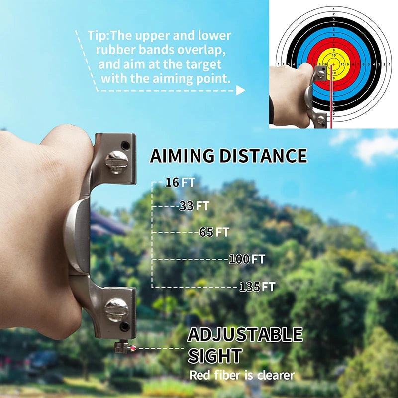 Archery bow with adjustable sight and aiming instructions against a scenic background