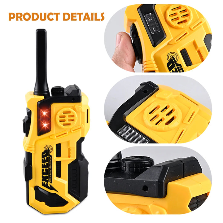 Yellow and black Exceed walkie talkie with close-up details on a white background