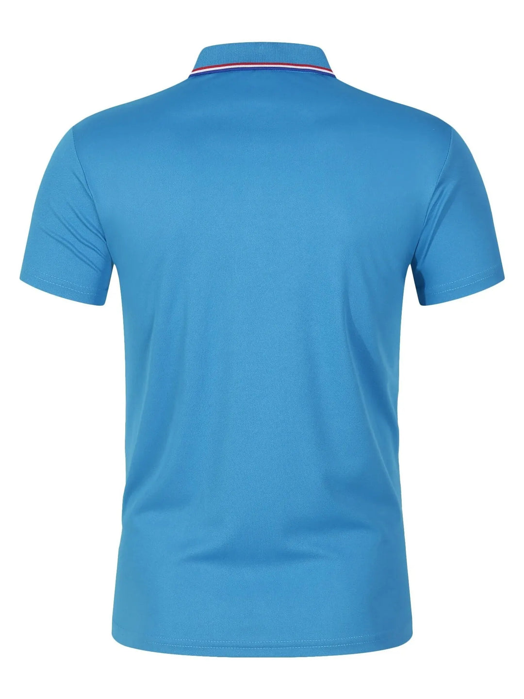 Back view of SmartGearPros breathable polyester polo shirt in blue with button collar.