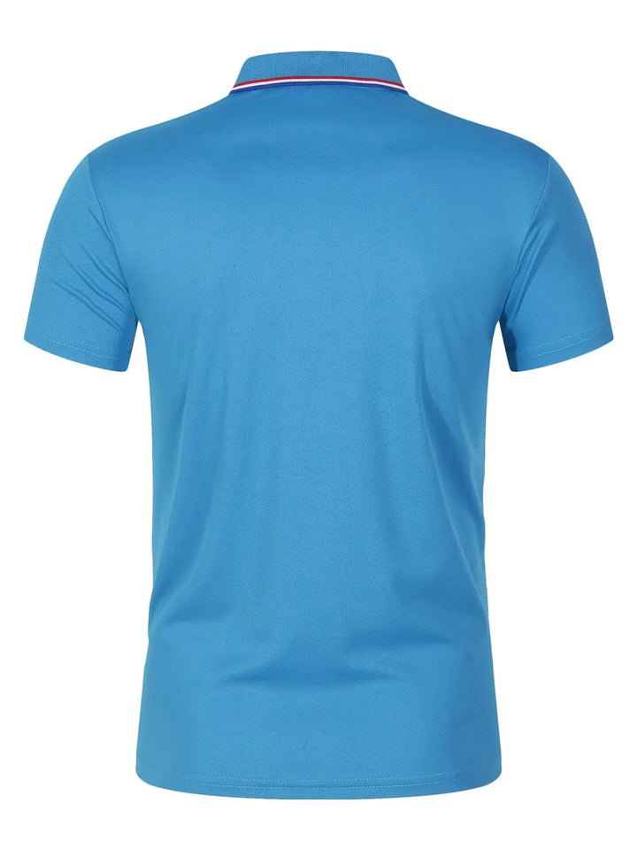 Back view of SmartGearPros breathable polyester polo shirt in blue with button collar.