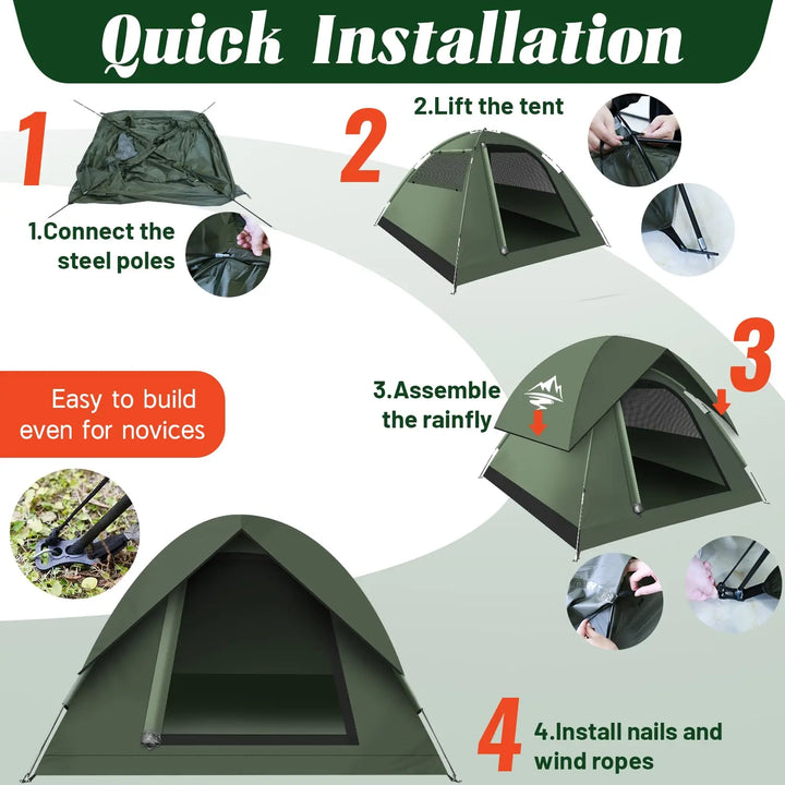 Step-by-step guide on how to quickly install a green camping tent with illustrations and text.