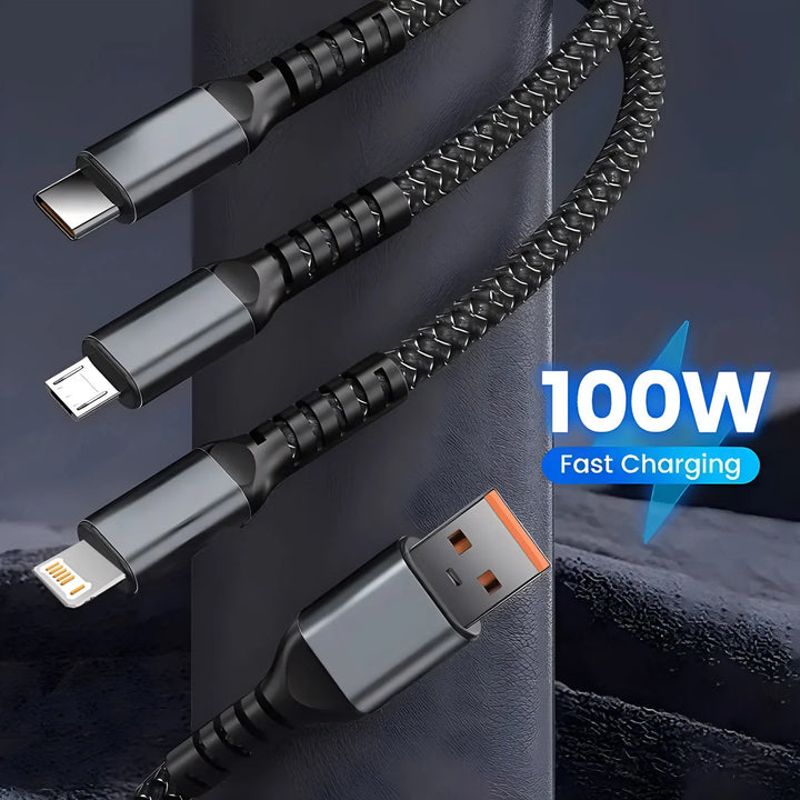 SmartGearPros OmniCharge 100W Cable – 3-in-1 Multi Charging Cord with USB-C, Lightning & Micro