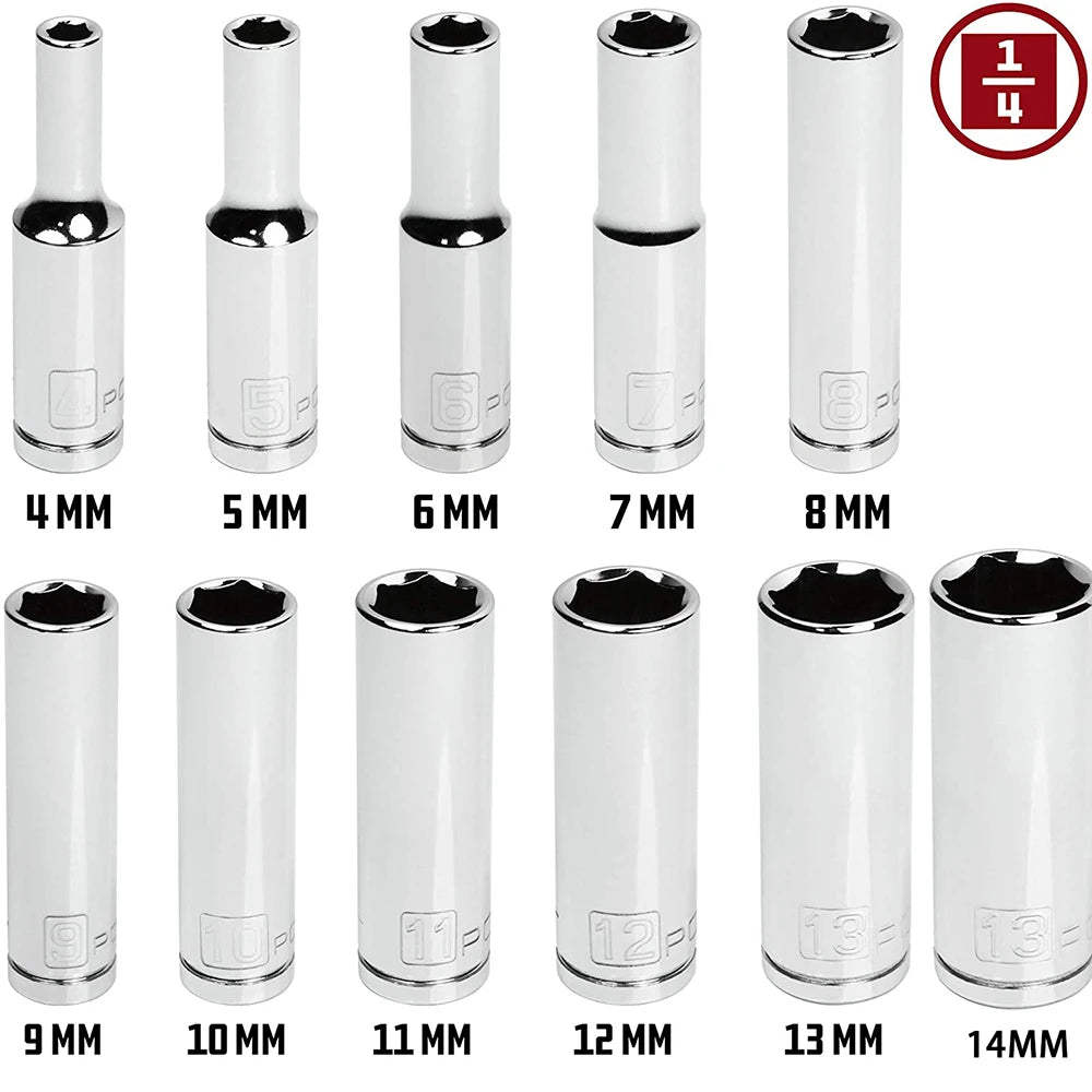 Skeyo 11-Piece Metric Deep Socket Set – 1/4" Drive 4-14mm Chrome