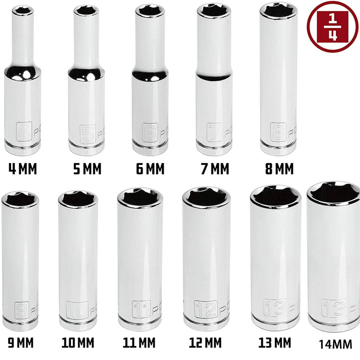 Skeyo 11-Piece Metric Deep Socket Set – 1/4" Drive 4-14mm Chrome