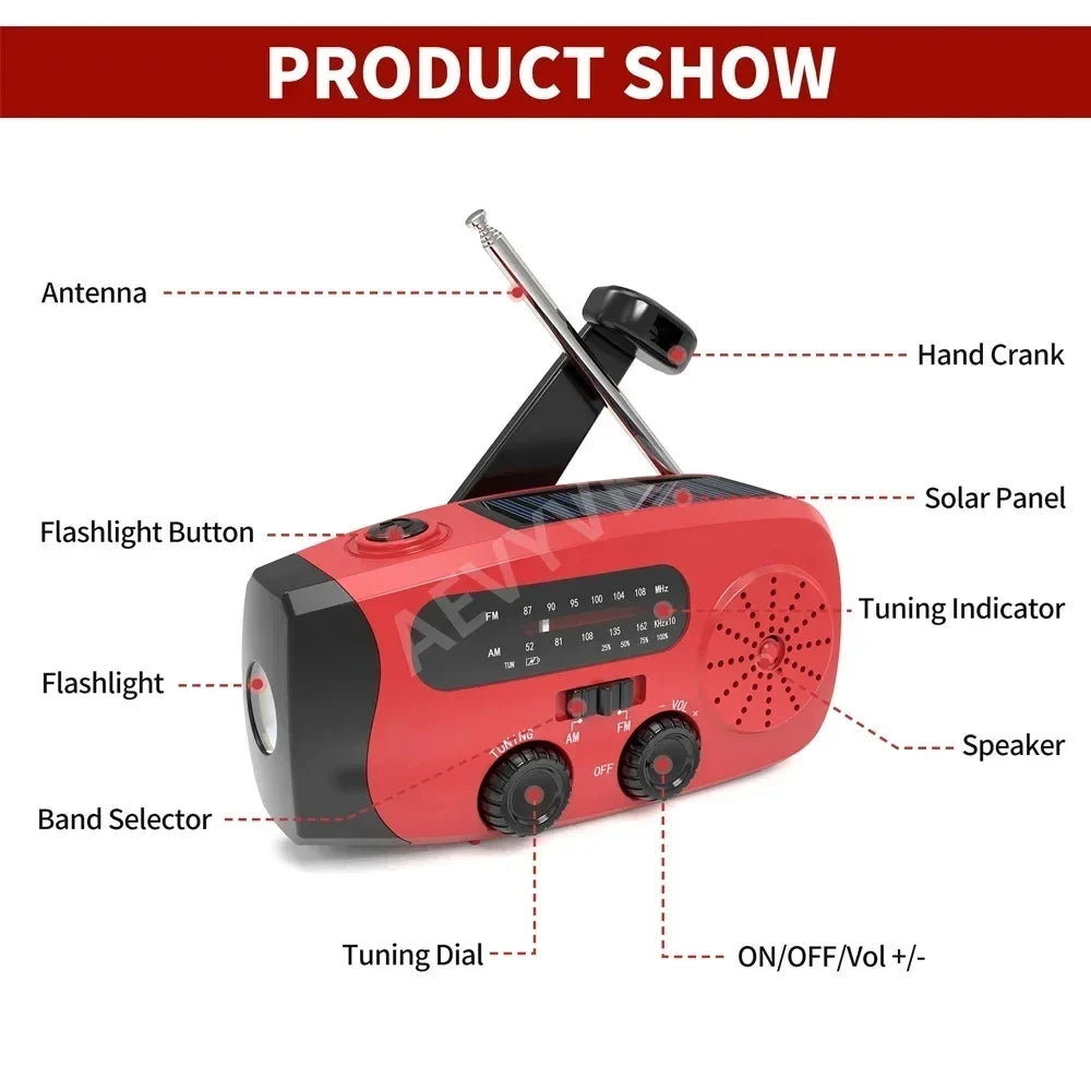 Red and black emergency radio with labeled parts on a white background