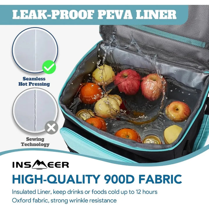 Insulated bag with leak-proof PEVA liner containing fruits and vegetables, highlighting insulation features.
