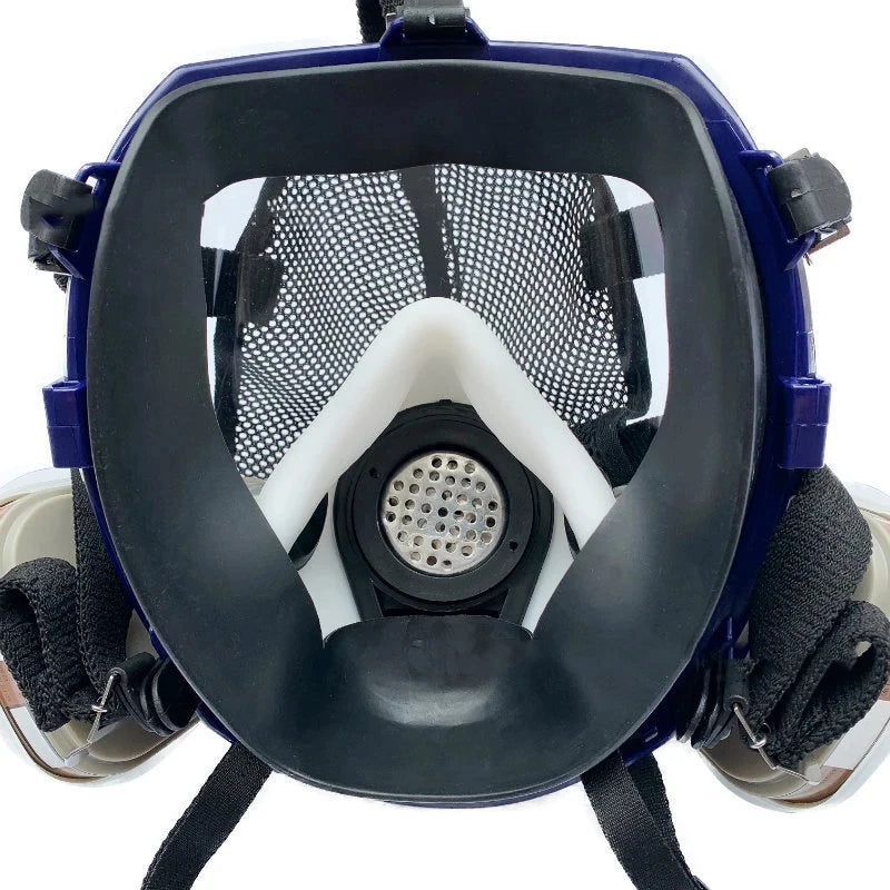 Close-up of a full-face respirator mask with blue frame and black straps on a white background