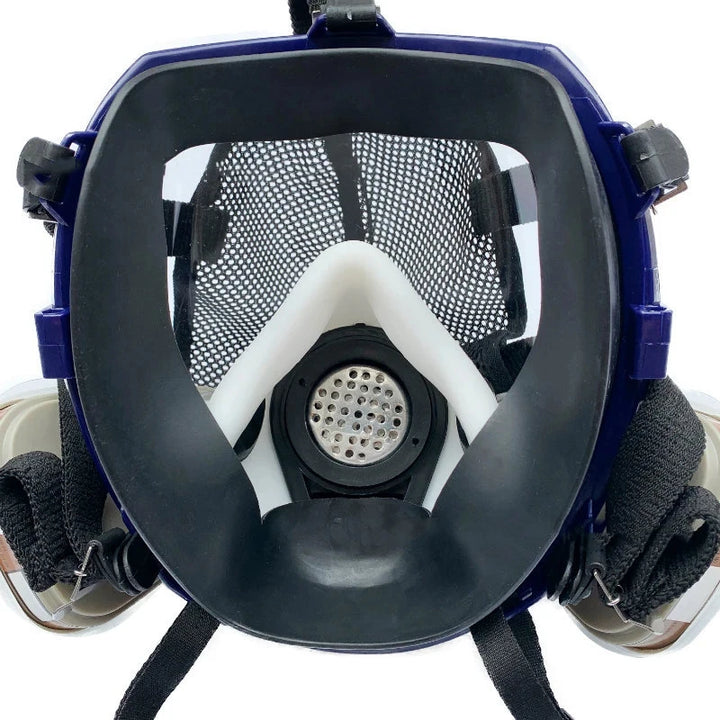 Close-up of a full-face respirator mask with blue frame and black straps on a white background
