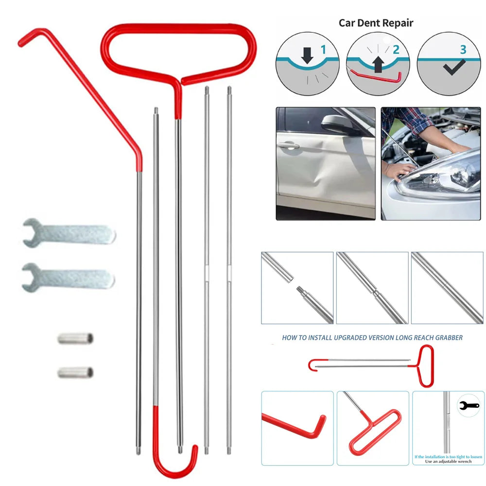 Car dent repair tool set with red handles and installation instructions on a white background
