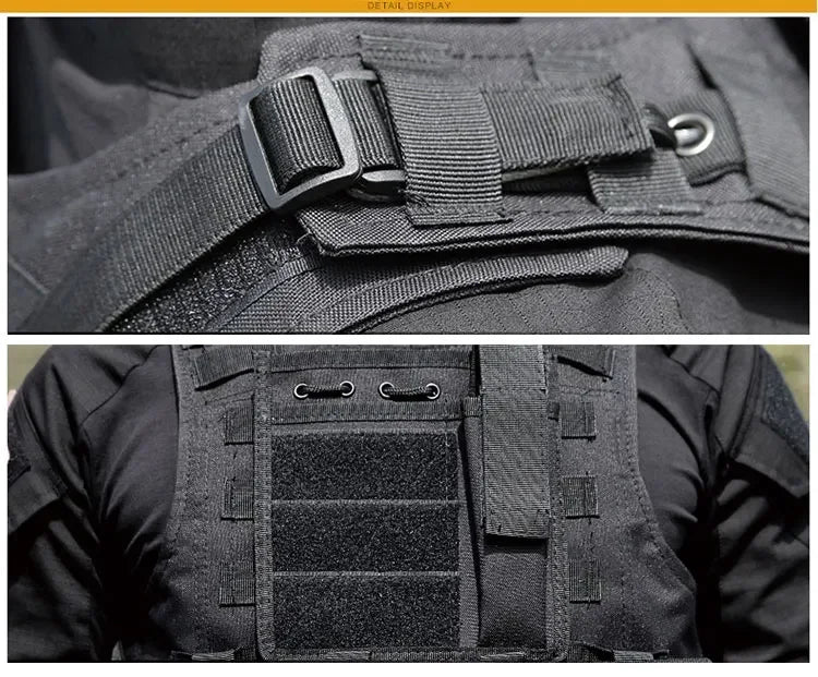 Black tactical vest with multiple straps and buckles on a person wearing it.