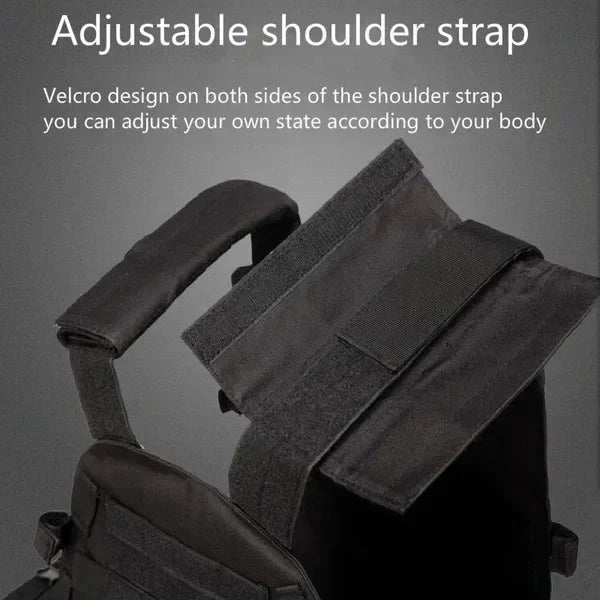 Black adjustable shoulder strap with Velcro design on a gray background