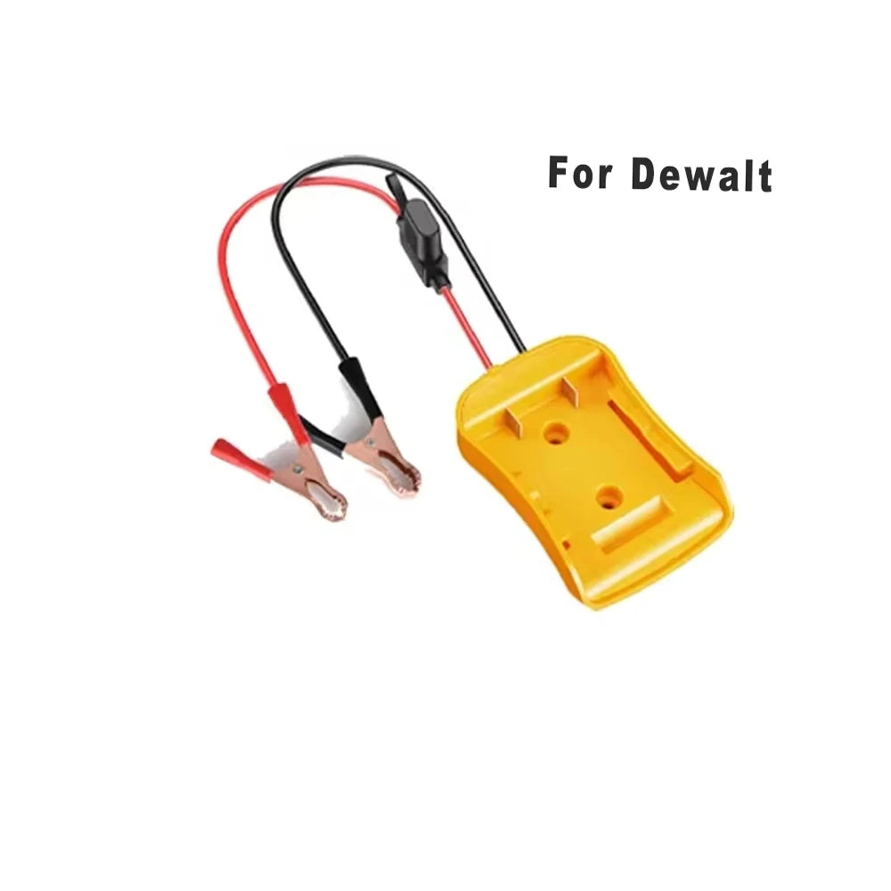 Yellow battery clip with red and black wires on a white background, labeled 'For Dewalt'.