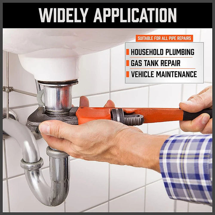 Person using a pipe wrench on a pipe, with text about the application's versatility.