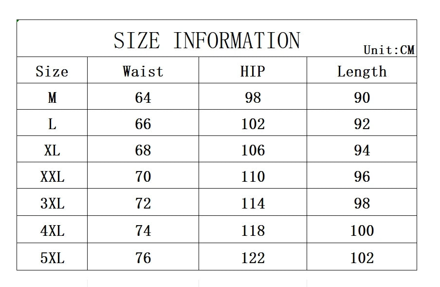 Size chart for clothing with waist, hip, and length measurements in centimeters.