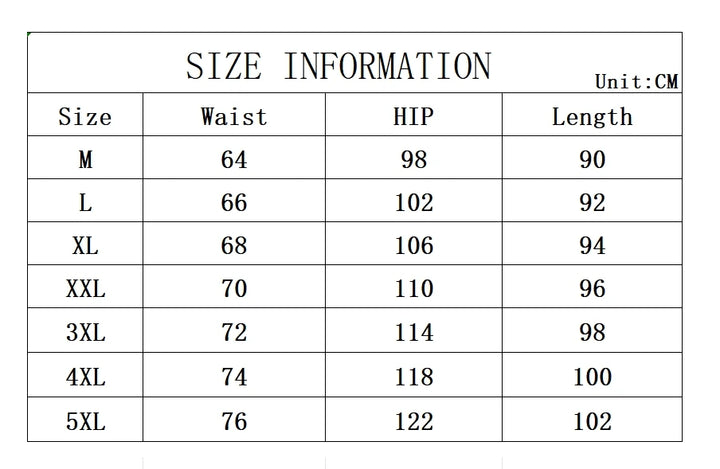 Size chart for clothing with waist, hip, and length measurements in centimeters.