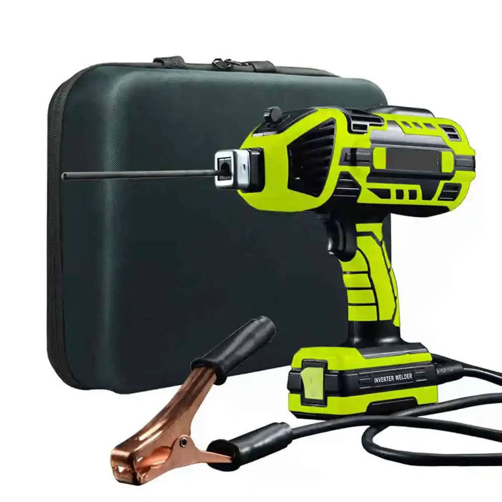 Green and black welding gun with cables and case on a white background
