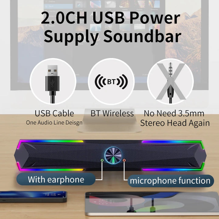 SmartGearPros 4D RGB Gaming Soundbar – Stereo Computer Speaker with Subwoofer & LED Light Show