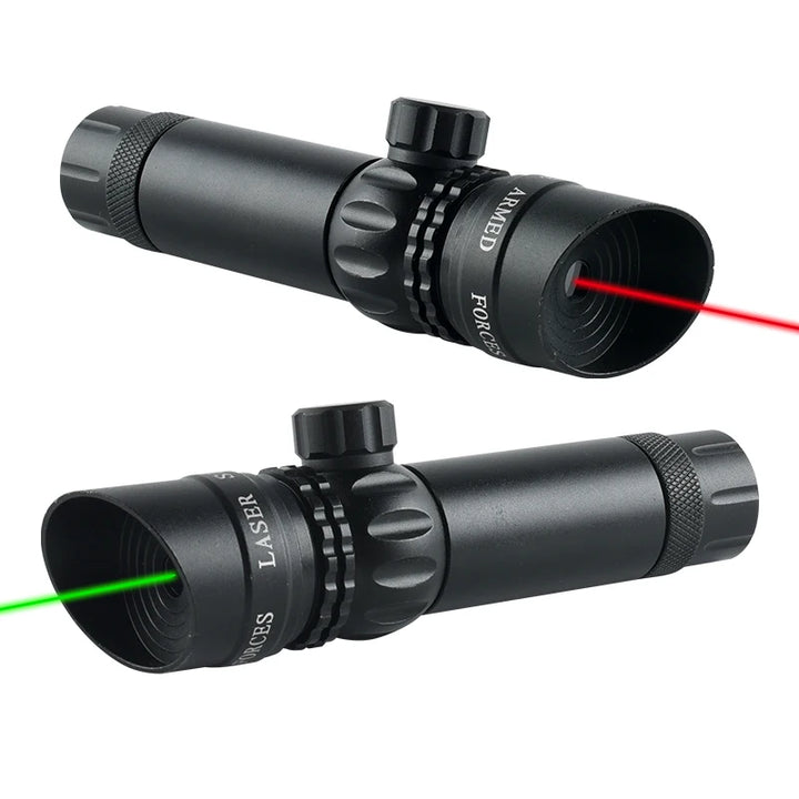 Two laser scopes with red and green lasers on a white background