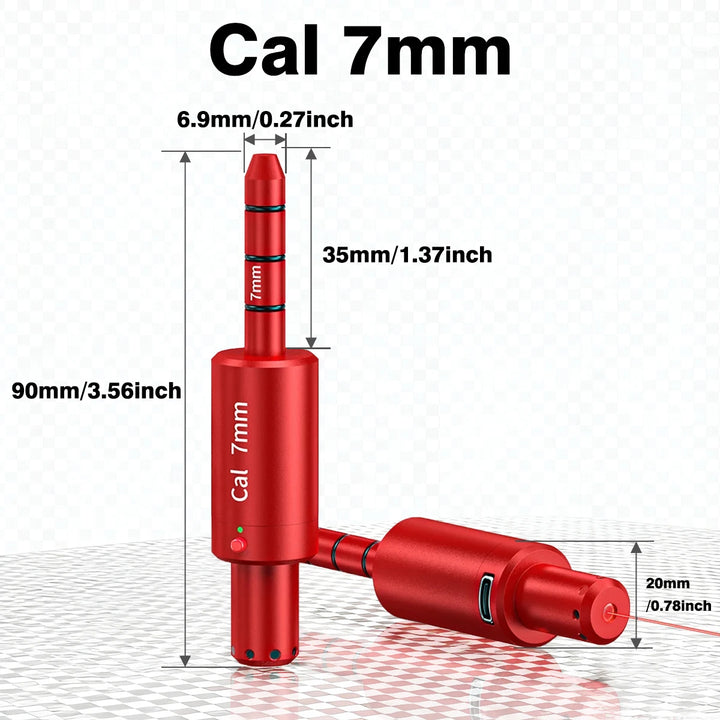 Red cylindrical tool with measurements on a white background