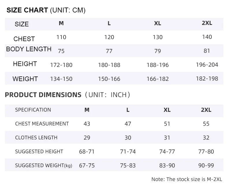 Size chart and product dimensions table for clothing measurements in centimeters and inches.