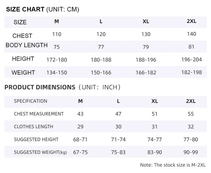 Size chart and product dimensions table for clothing measurements in centimeters and inches.