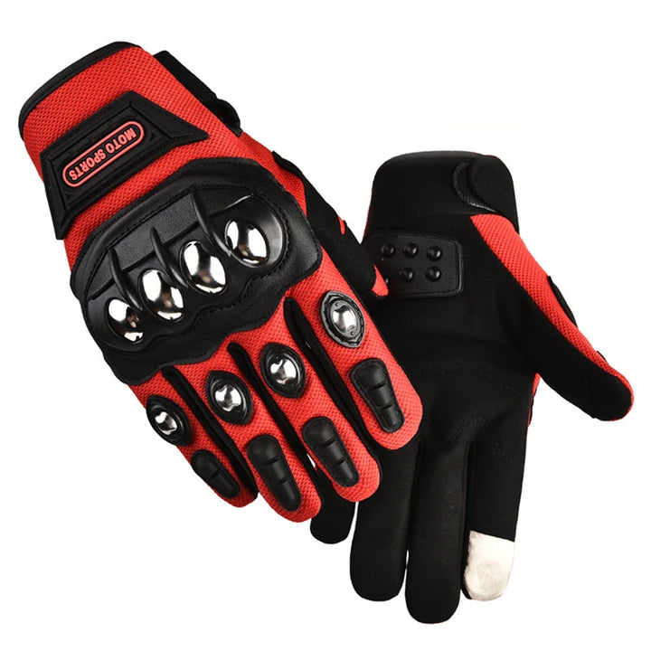 Red and black gloves with metallic accents on a white background