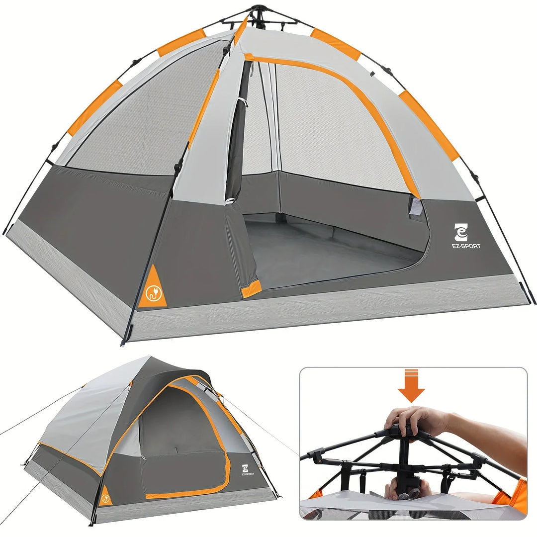 Gray and orange tent with a smaller inset showing assembly.