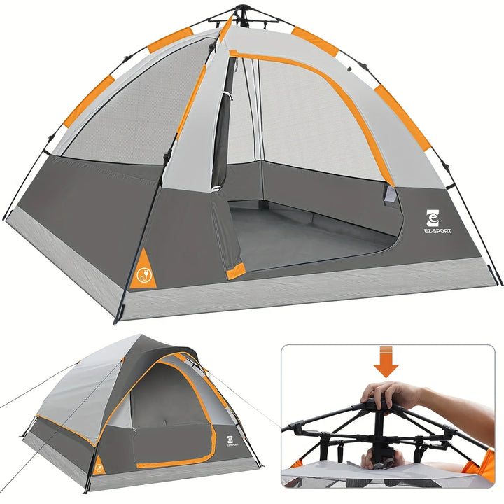 Gray and orange tent with a smaller inset showing assembly.