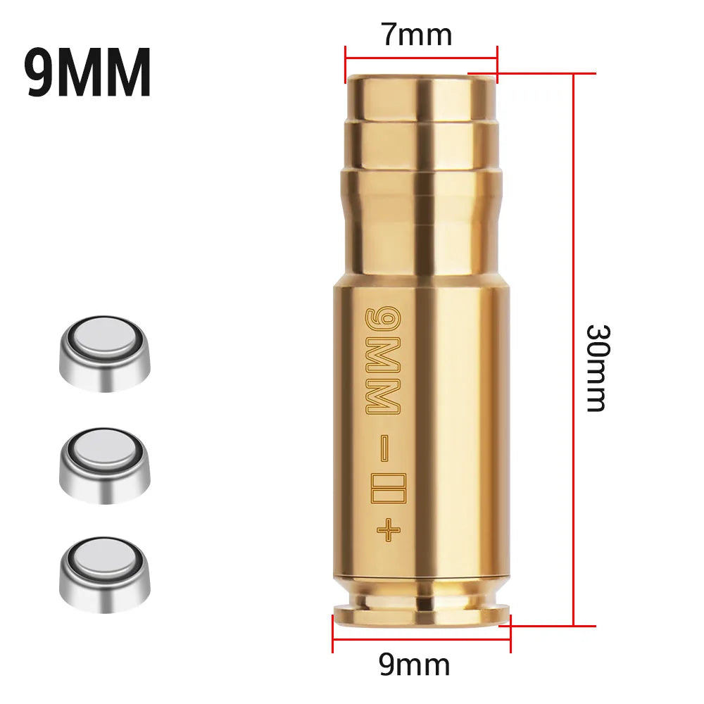 Gold 9mm bullet casing with measurements on a white background
