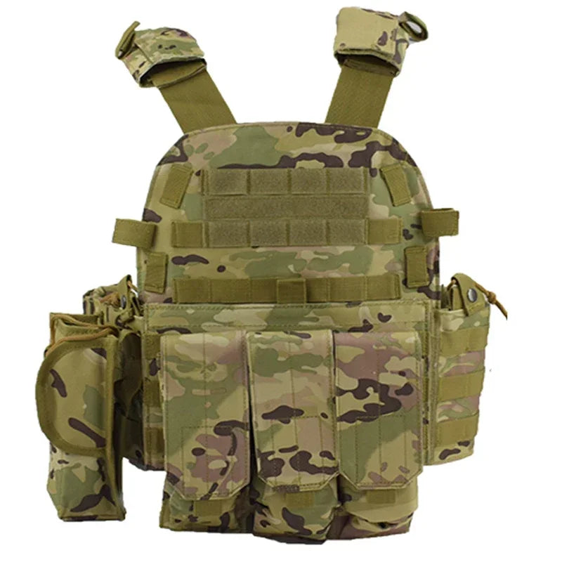 Camouflage tactical vest with multiple pouches on a white background