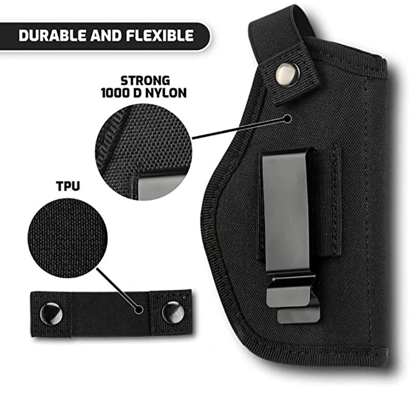 Black holster with text highlighting durability and material properties on a white background