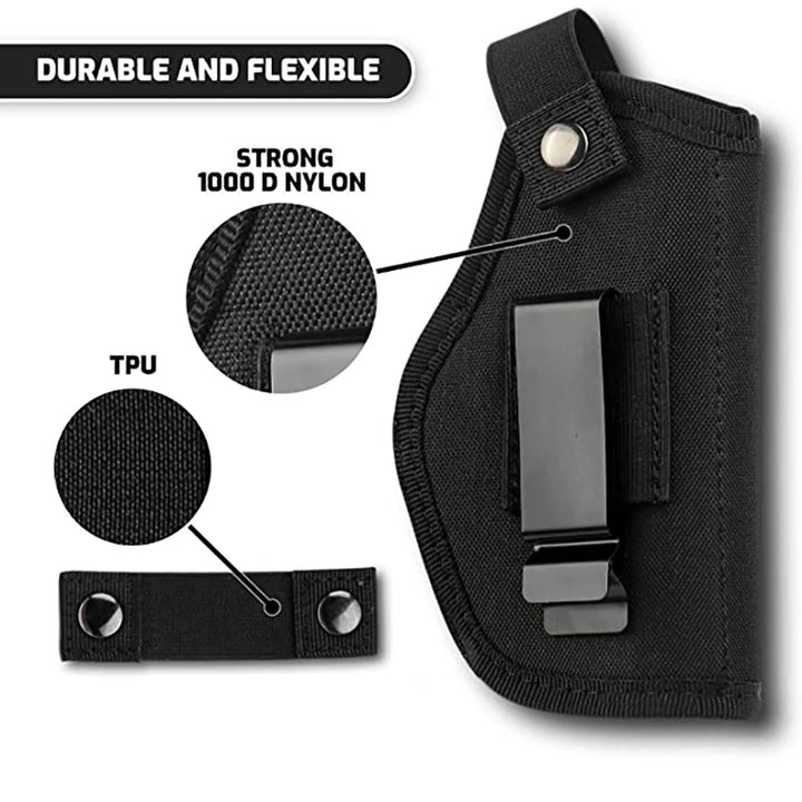 Black holster with text highlighting durability and material properties on a white background