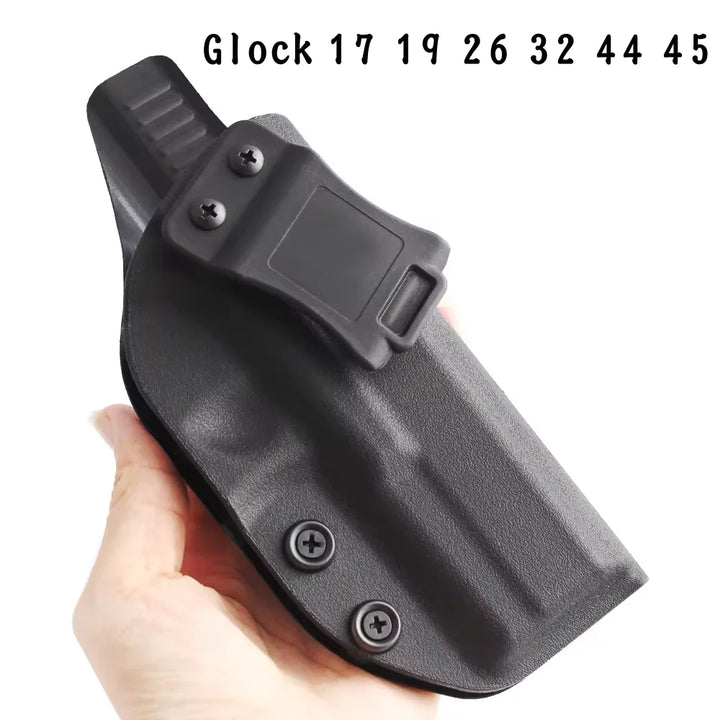 Black gun holster held by a hand with text indicating compatible Glock models on a white background.