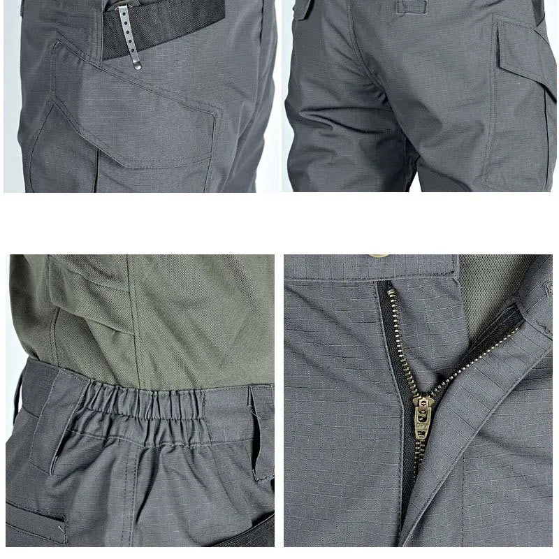 Collage of gray pants with various details on a white background