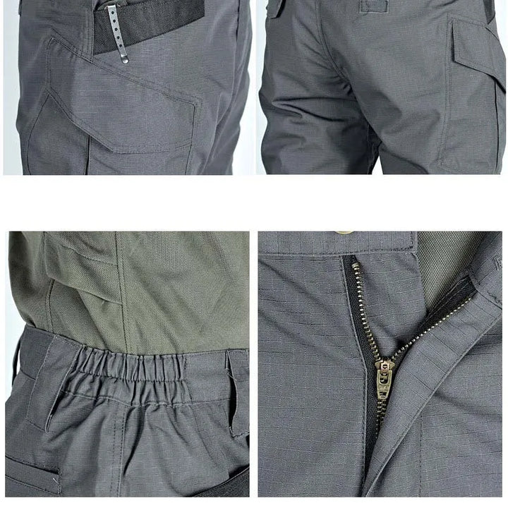Collage of gray pants with various details on a white background