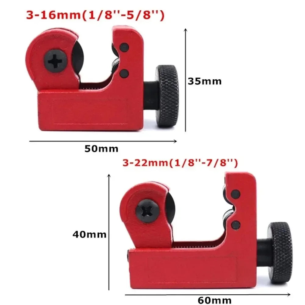 Red emp pipe cutter with measurements on a white background