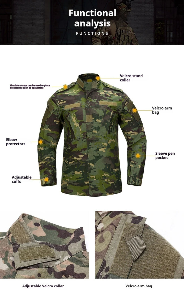 Camouflage military jacket with labeled features on a dark background