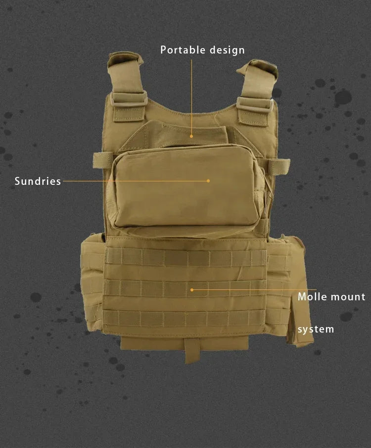 Tan tactical vest with labeled features on a dark background