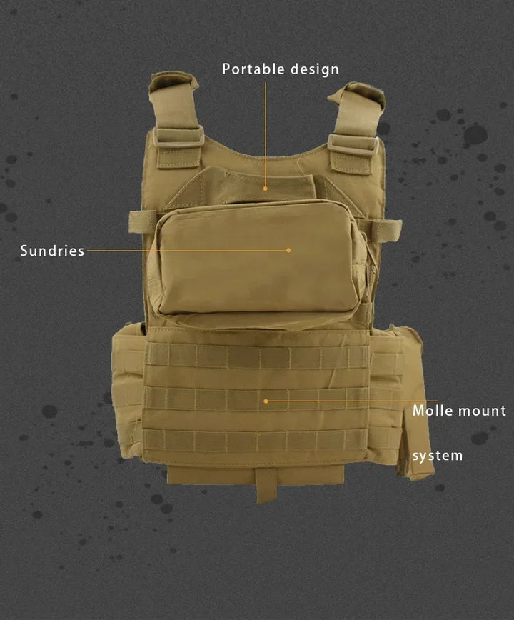 Tan tactical vest with labeled features on a dark background