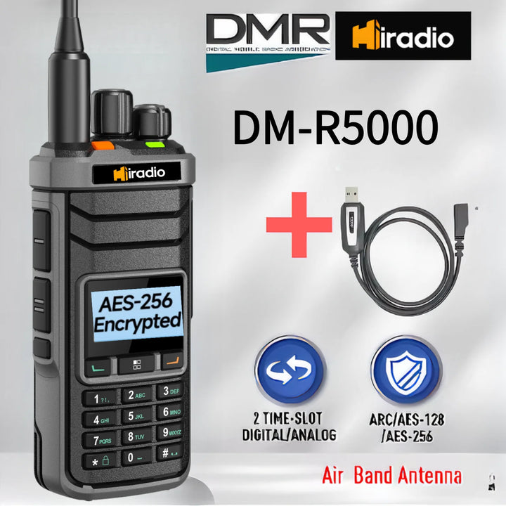 Miradio DM-R5000 walkie-talkie with accessories on a gray background
