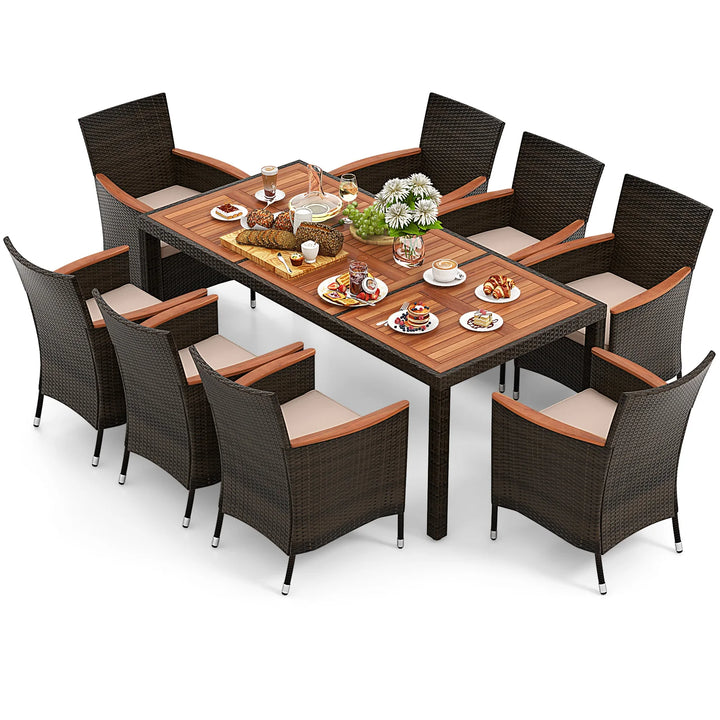 9PCS Patio Wicker Dining Set Acacia Wood Table Top Umbrella Hole Cushions Chairs