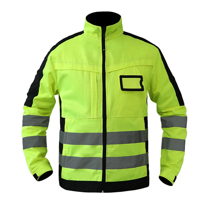 High-visibility jacket with reflective stripes on a white background