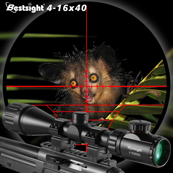 Rifle scope with Bestsight 4-16x40 magnification on a background of a small animal.