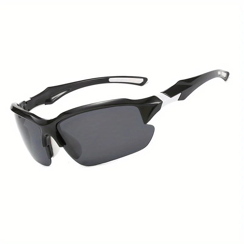 Black sunglasses with reflective lenses on a white background