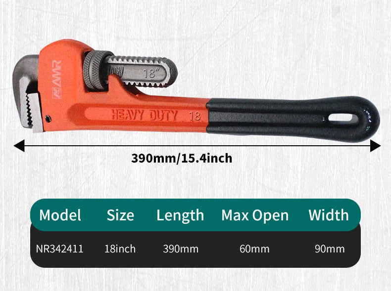 Heavy-duty pipe wrench with measurement details on a white background