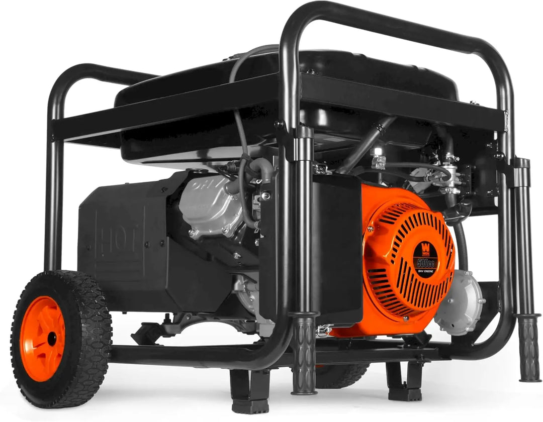 Portable generator with orange engine cover on a white background