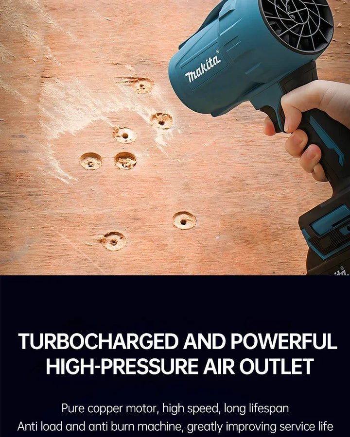 Makita air tool being used on a wooden surface with text highlighting features.