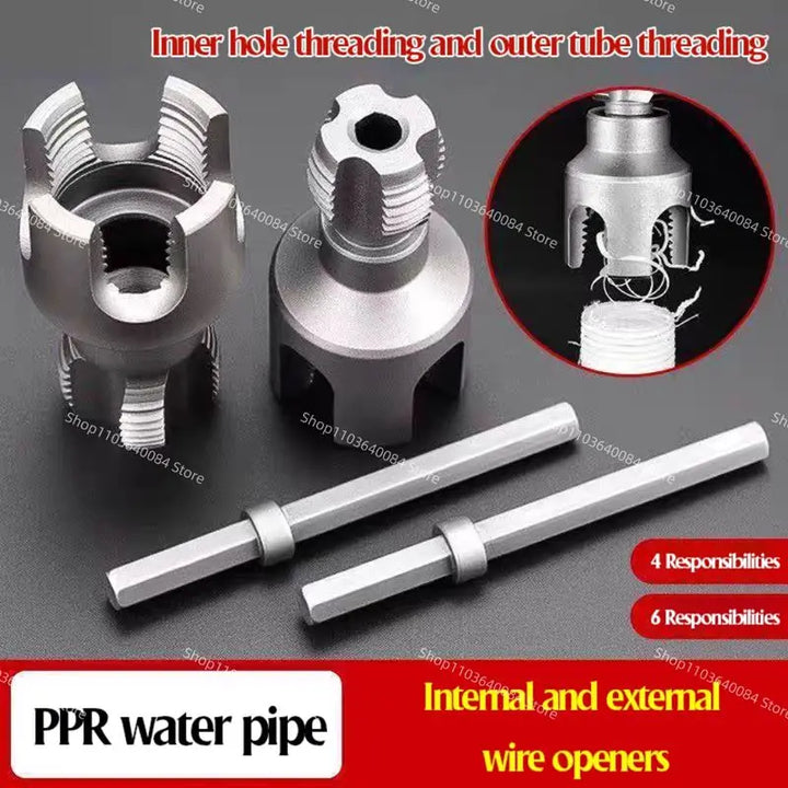 Metal tools for inner hole threading and outer tube threading on a dark background with 'PPR water pipe' branding.