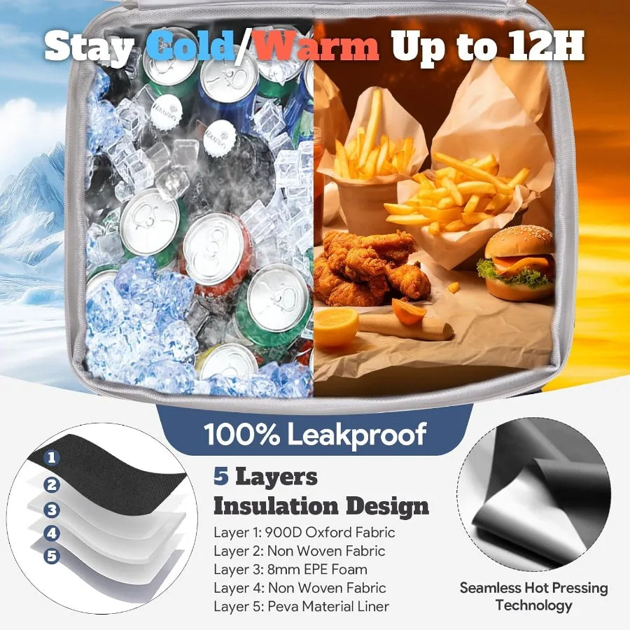 Insulated food pouch with ice packs and food items, showing its ability to keep food cold or warm for up to 12 hours.