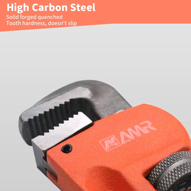 Pipe wrench with orange handle and visible brand logo on a gray background
